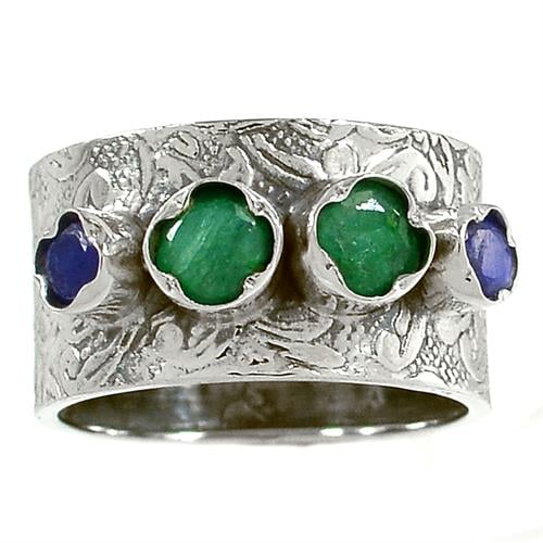 טבעת כסף רחבה משובצת אבני אמרלד וספיר  RG5738 | תכשיטי כסף 925 | טבעות כסף