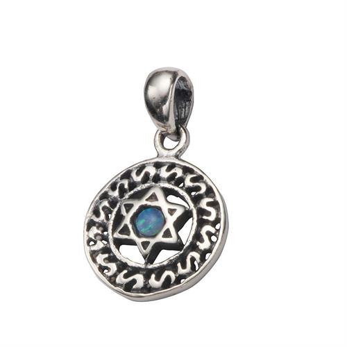 תליון עגול בשילוב מגן דוד ואבן כחולה