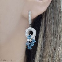 עגילים תלויים ותליון מכסף משובצים אבני טופז כחולה ואבני זרקון S1737