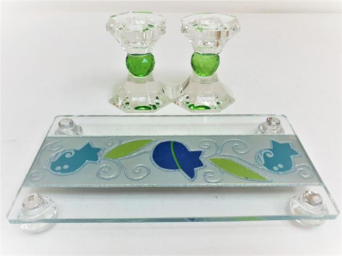 פמוטות זכוכית בתוספת מגש מעוצב 10 ס"מ