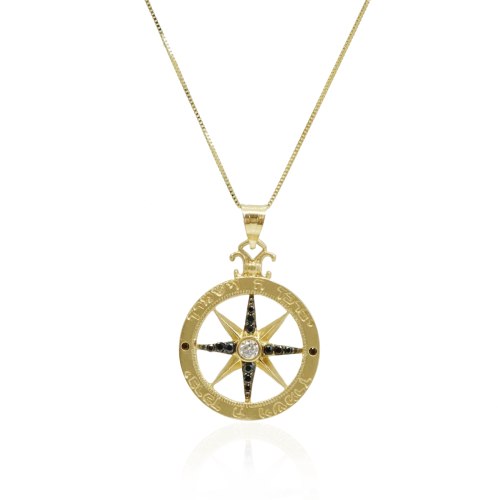 שרשרת זהב 14 קרט מצפן בשיבוץ זרקונים שחור לבן