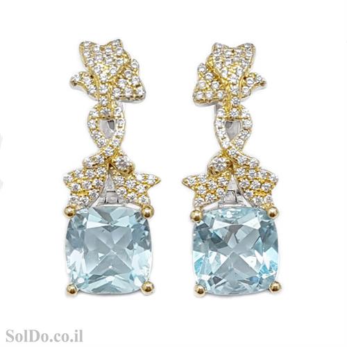 עגילים מכסף משובצים אבני טופז כחולות, אבני זרקון ומצופים גולדפילד A8767 | תכשיטי כסף 925 | עגילי כסף