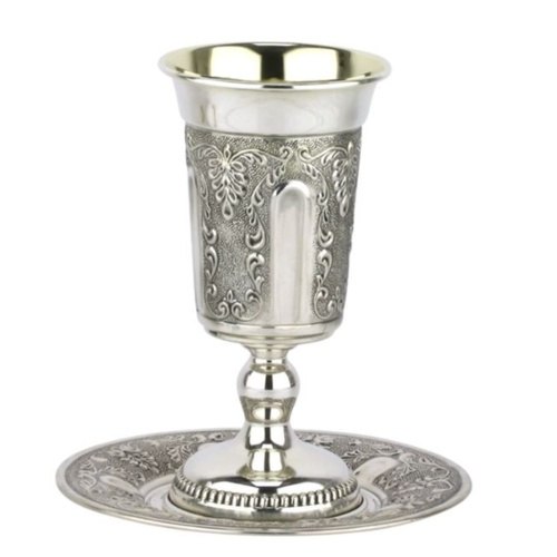 סט קידוש גביע + תחתית כסף טהור דגם זכריה פיורלה