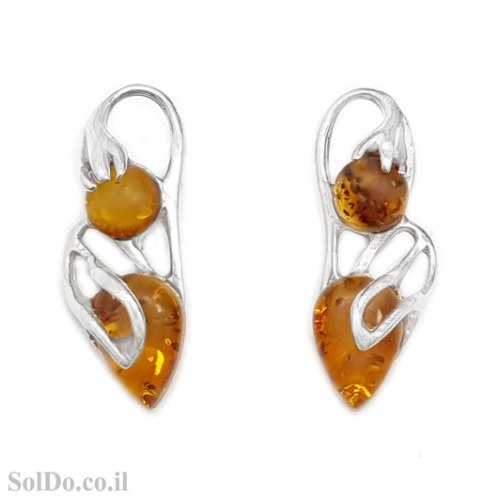 עגילים מכסף בשילוב ענבר בלטי אמיתי  צבע קוניאק A8970