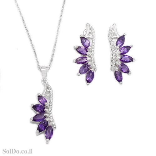 עגילים ותליון מכסף משובצים אבני אמטיסט סגול וזרקונים S1723 | תכשיטי כסף 925 | עגילי כסף