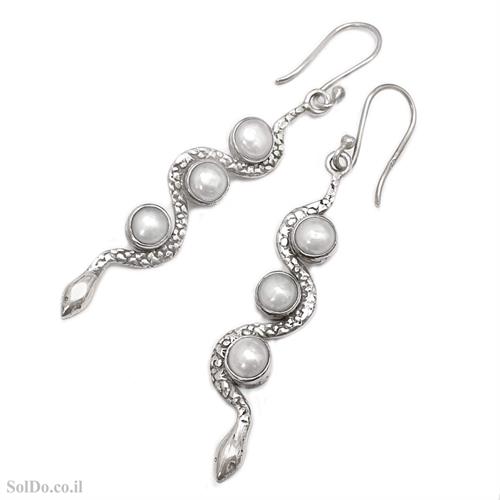 עגילים מכסף מעוצבים בצורת נחש בשילוב פנינים  A8769 | תכשיטי כסף | עגילי כסף