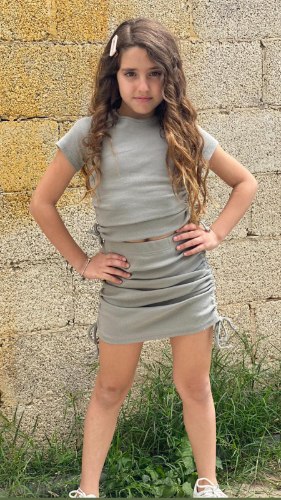 חליפת חולצה וחצאית כיווצים אבן - 2-16