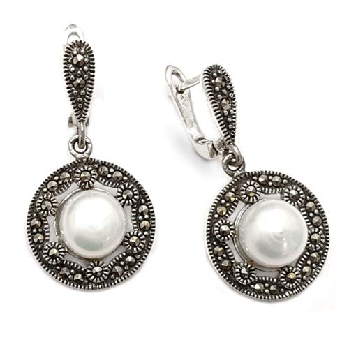 עגילים מכסף משובצים מרקזטים ופנינה לבנה A8500 | תכשיטי כסף 925 | עגילי כסף