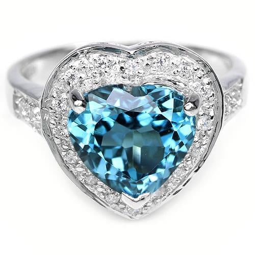 טבעת כסף לב משובצת טופז כחול וזרקונים RG9761 | תכשיטי כסף 925 | טבעות כסף