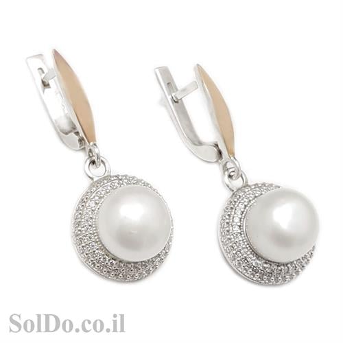 עגילי כסף תלויים מצופים זהב 9K משובצים פנינה לבנה ואבני זרקון A8633 | תכשיטי כסף 925