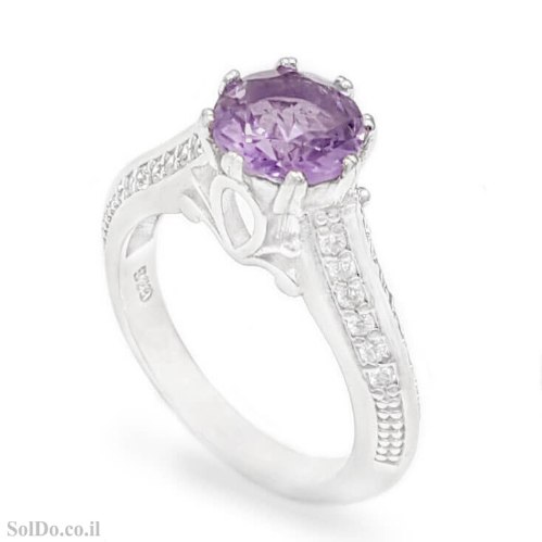 טבעת מכסף משובצת אבן אמטיסט ואבני זרקון RG6311 | תכשיטי כסף 925 | טבעות כסף