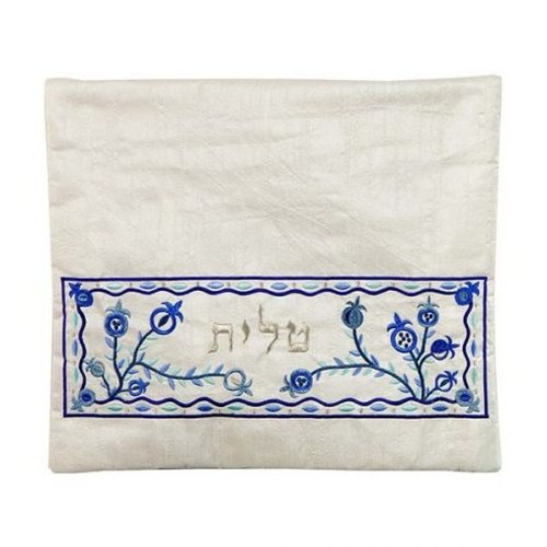 כיסוי לטלית רקמת מכונה - רימונים - לבן