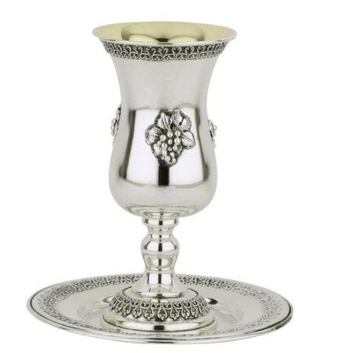 סט קידוש גביע + תחתית כסף טהור דגם שמואל בן אשכול ענבים פיליגרין