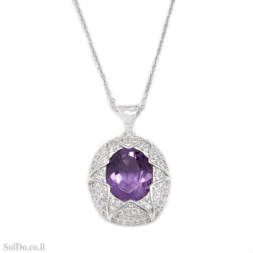 תליון מכסף משובץ אבן אמטיסט ואבני זרקון T6224 | תכשיטי כסף