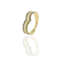 טבעת וי יהלומים שחורים ולבנים בזהב 14 קרט