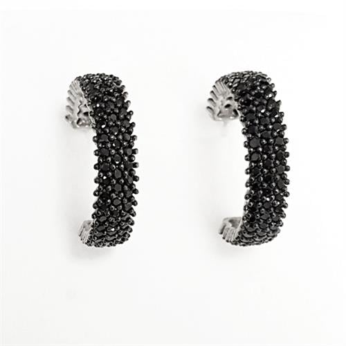 עגילי כסף חישוק  משובצים אבני זרקון שחורות  A1623 | תכשיטי כסף 925 | עגילי כסף