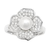 טבעת מכסף משובצת פנינה לבנה וזרקונים RG1637 | תכשיטי כסף 925 | טבעות עם פנינה