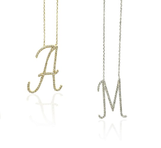 שרשרת אות זרקונים - תליון אות זרקונים -"M"  באנגלית