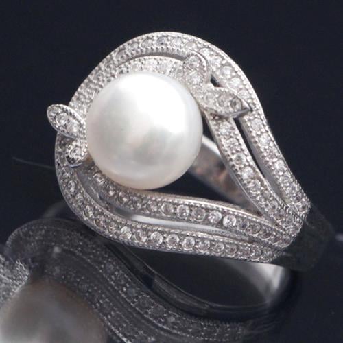 טבעת כסף משובצת פנינה לבנה וזרקונים