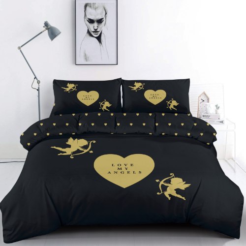 סט מצעים למיטה זוגית 100%  כותנה - דגם BLACK & GOLD - שחור זהב