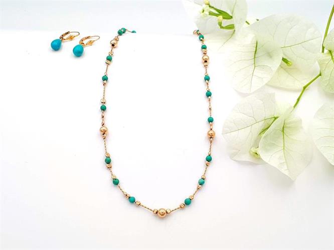 N-22 שרשרת שורה  מגולדפילד 14K בשילוב חרוזי גולדפילד וחרוזי טורקיז