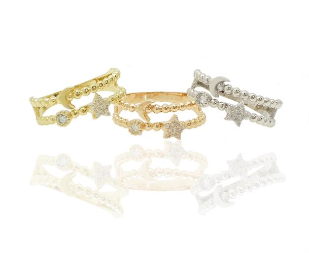 טבעת כדורים שתי שורות ירח וכוכב יהלומים בזהב 14 קראט