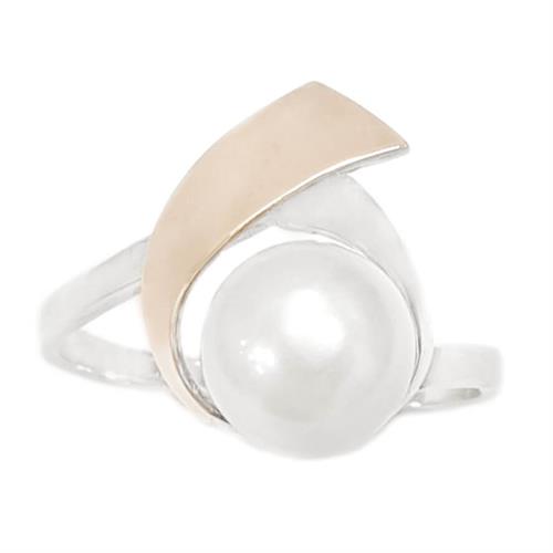 טבעת כסף מצופה זהב 9K משובצת פנינה לבנה RG1658 | תכשיטי כסף | טבעות כסף