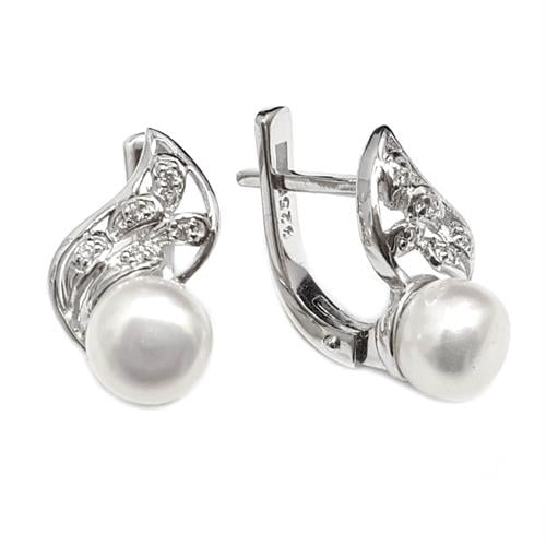 עגילי כסף משובצים פנינה לבנה ואבני זרקון A8526 | תכשיטי כסף 925