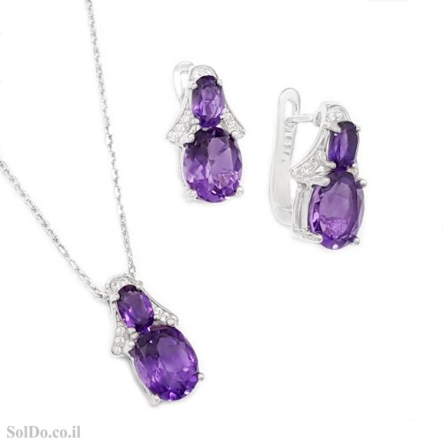 עגילים ותליון מכסף משובצים אבני אמטיסט סגול וזרקונים S1727 | תכשיטי כסף 925 | עגילי כסף