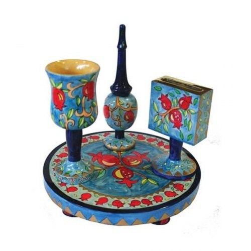 סט הבדלה עץ ציור עבודת יד דגם רימונים