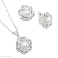 עגילים ותליון מכסף משובצים פנינה לבנה וזרקונים S1640 | תכשיטי כסף 925 | תכשיטי כלה