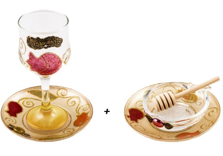 סט כלי דבש + גביע דגם רימונים