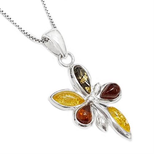 תליון מכסף מעוצב בשילוב ענבר בלטי 3 צבעים כולל שרשרת T6108