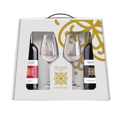 מארז רקנאטי גליל עליון קברנה סוביניון +מרלו + 2 כוסות יין