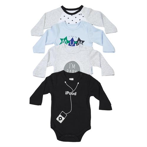 סט 4 בגדי גוף לבן תכלת אפור מלאנג שחור