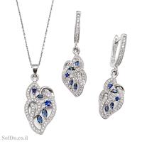 עגילים ותליון מכסף משובצים אבני זרקון כחולות ולבנות S1628