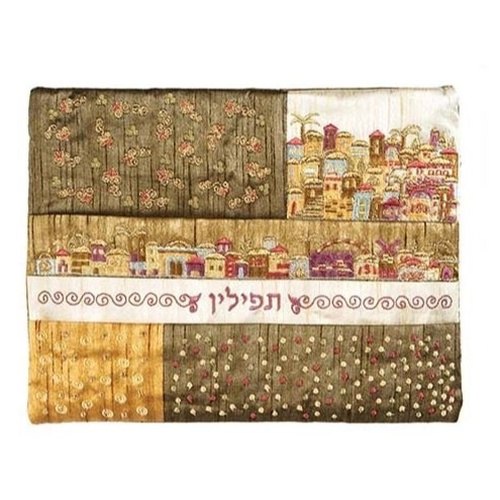 כיסוי תפילין רקום דגם פאצ'ים ירושלים חום