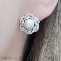 עגילים ותליון מכסף משובצים פנינה לבנה וזרקונים S1640 | תכשיטי כסף 925 | תכשיטי כלה