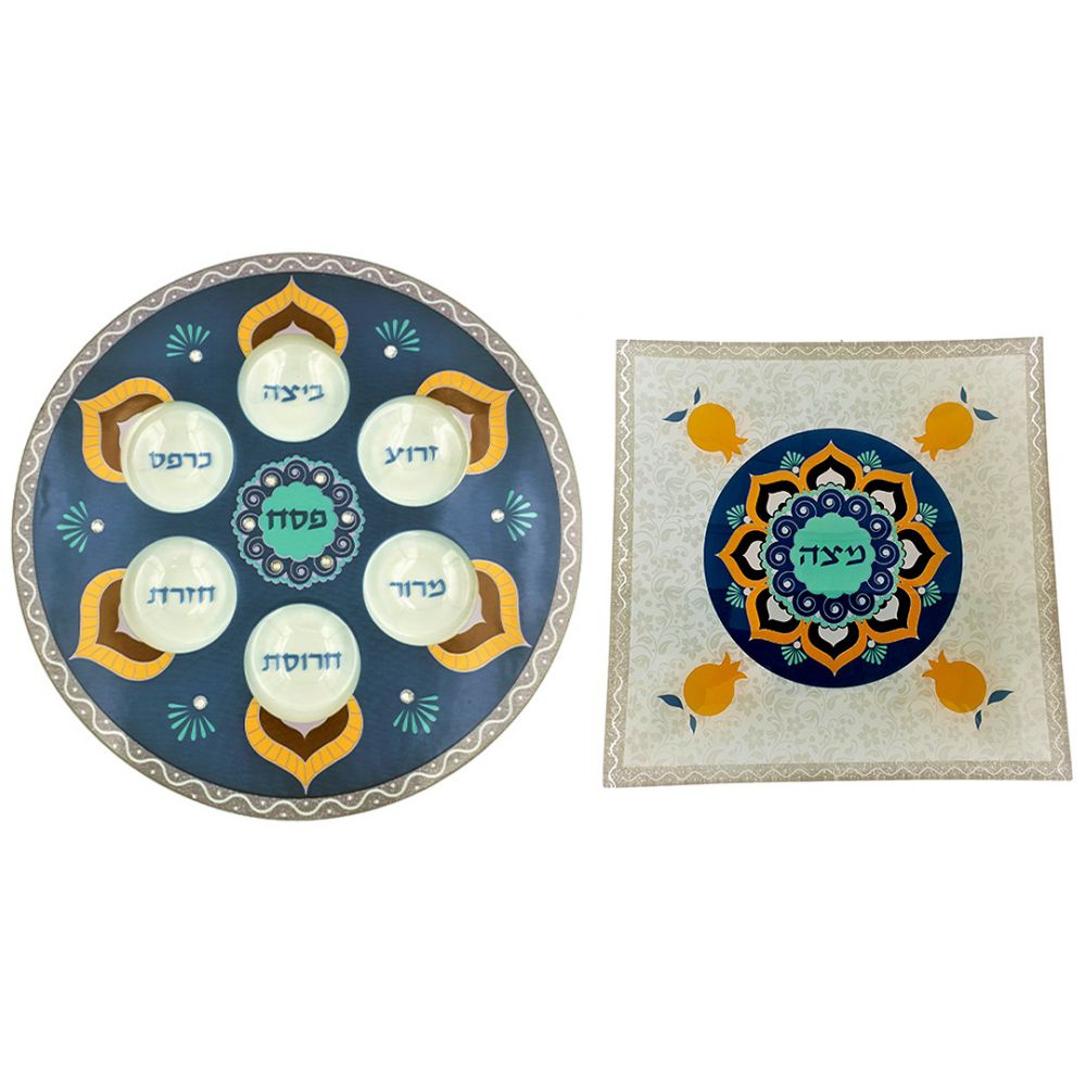 סט קערת פסח וצלחת דגם רימונים ושיבוץ אבני חן