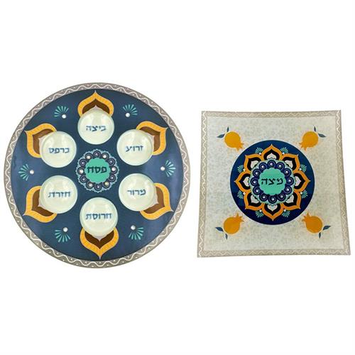 סט קערת פסח וצלחת דגם רימונים ושיבוץ אבני חן