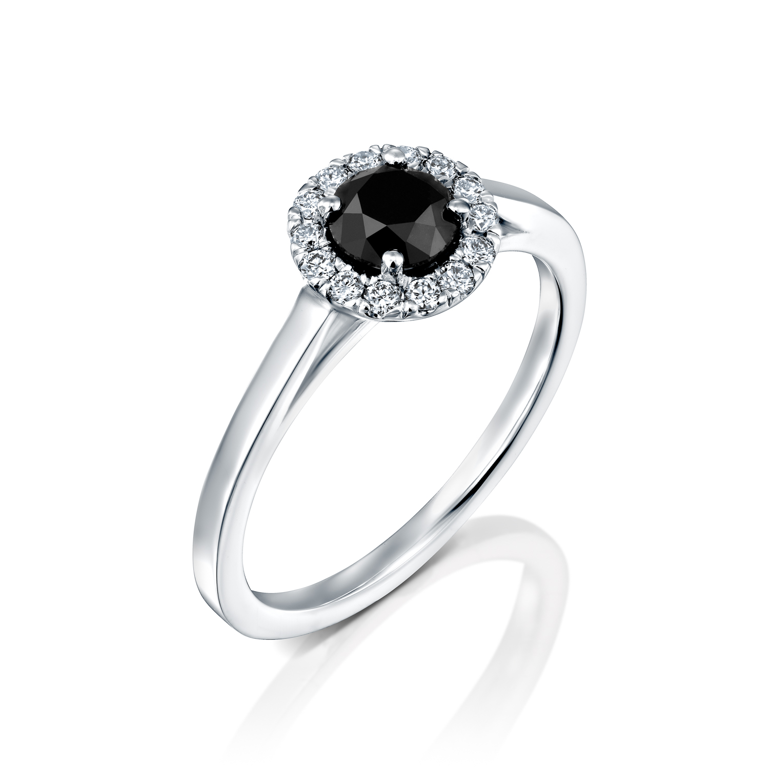 טבעת  זהב לבן 14 קראט משובצת יהלום מרכזי שחור ותוספת  יהלומים BLACK HALOW
