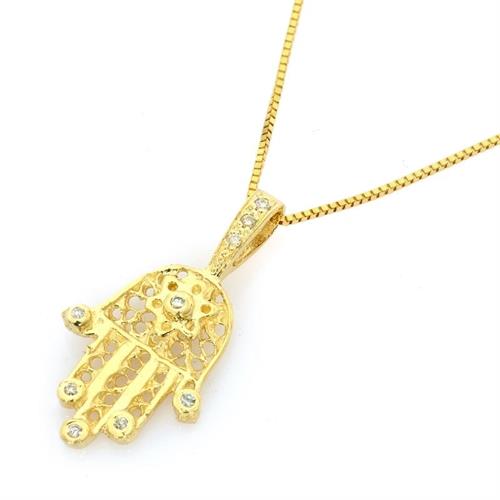 שרשרת חמסה מזהב צהוב 14K משובצת יהלומים 0.06 קראט