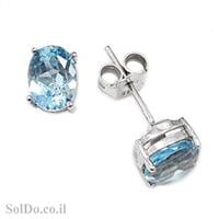 עגילי כסף צמודים משובצים אבני טופז כחולות A8617 | תכשיטי כסף 925 | עגילי כסף