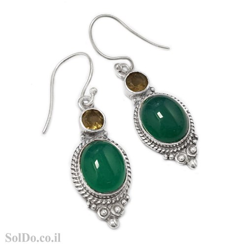 עגילים מכסף מעוצבים בשילוב אבני אגת ירוקה ואבני סמוקי קוורץ  A8907 | תכשיטי כסף | עגילי כסף