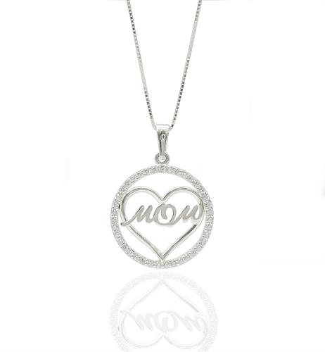 שרשרת אמא באנגלית בלב עם זרקונים בזהב לבן 14 קראט