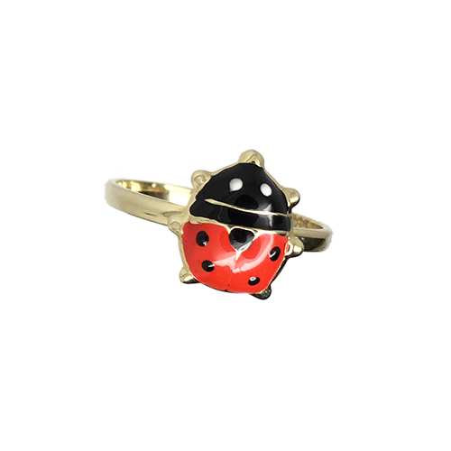 טבעת ילדות חיפושית זהב צהוב 14K אמייל אדום שחור OP06130030637