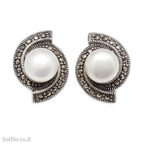עגילים מכסף מעוצבים משובצים פנינה לבנה ומרקזטים A8897
