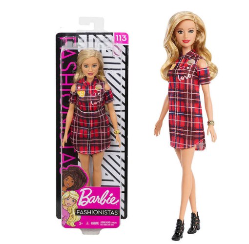 בובת ברבי מסדרת Fashionistas עם שמלה משובצת