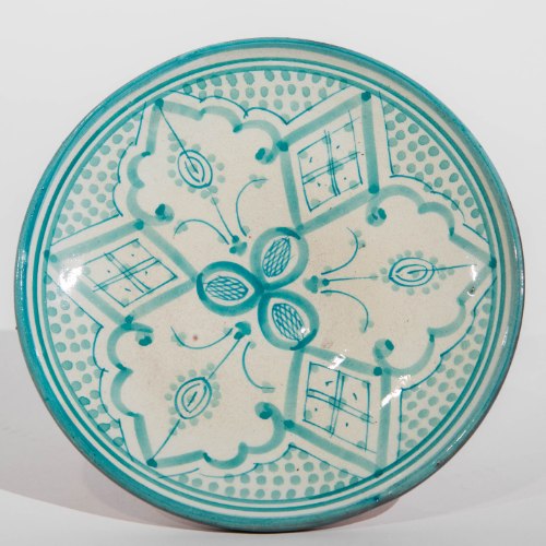 צלחת שטוחה טורקיז לבן פרחים S