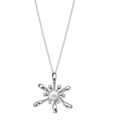 שרשרת זהב לבן 14Kמשובץ יהלומים 0.30 קראט ופנינה